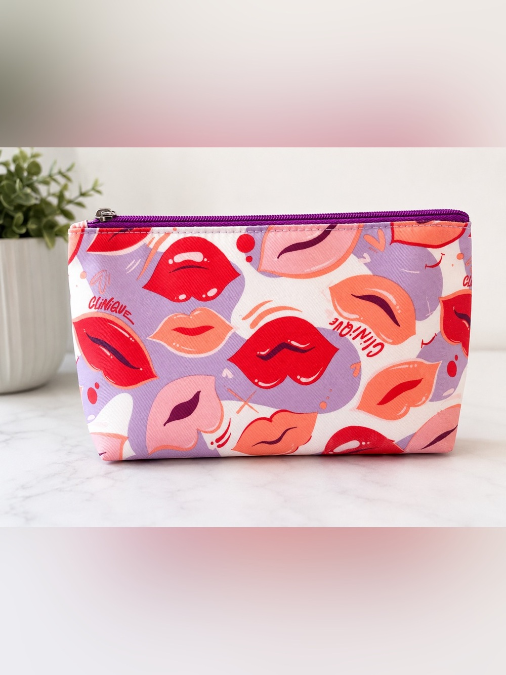 Clinique Red, Pink & Purple Lip-Print Cosmetic Bag